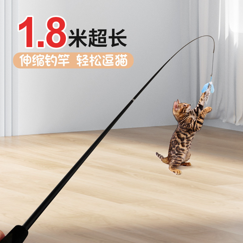 고양이 놀리는 스틱 개폐식 슈퍼 롱 낚싯대 스틸 와이어 깃털 교체 머리 물린 자기 안녕 지루함 구호 장난감