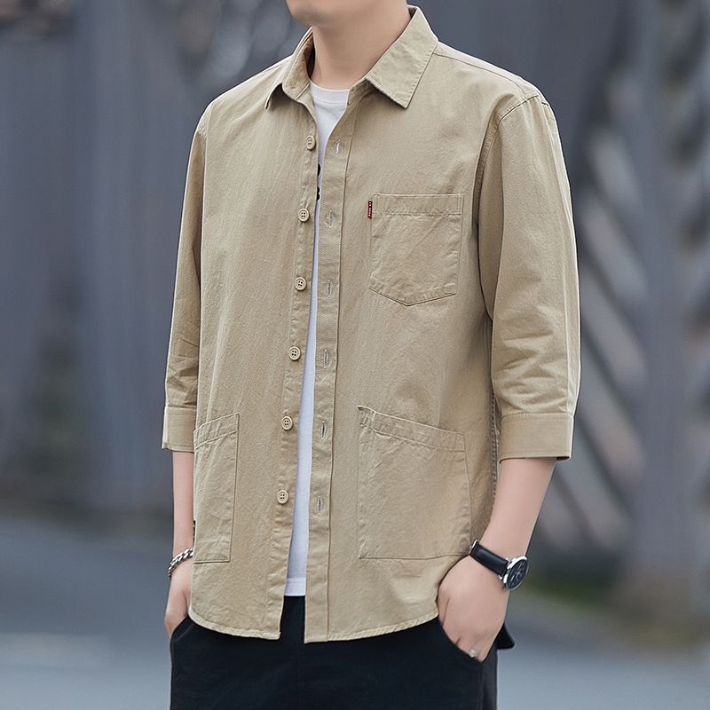 Camisa de manga tres cuartos de verano suelta de algodón 100% de alta gama, camisa de manga corta de herramientas casuales para hombres, chaqueta de manga media
