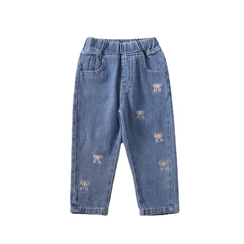 Girls Spring and Autumn Embroidered Stretch Jeans 2024 New Fashionable Baby Girl Korean Style Trousers Loose Daddy Pants