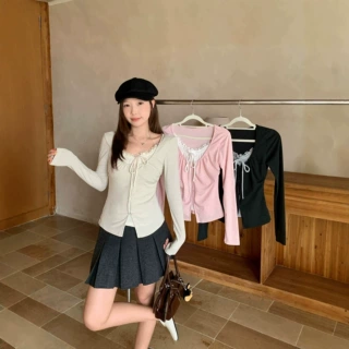 2026年大码女装秋季新款韩系纯欲甜辣妹褶皱收腰假两件显瘦上衣