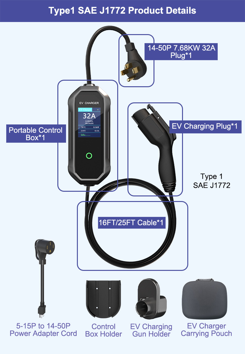 Type1 American Standard Charging Pile 7.68Kw Tesla Wenjie New Energy Vehicle Portable Charging Gun Charging Pile