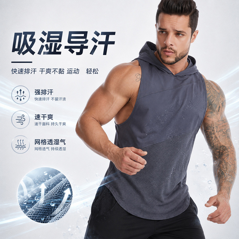 Amazon Cross-Border Hooded Sports Vest for Men, Summer Loose-Fitting Large Size Quick-Drying Vest, Training Running Basketball Vest Amazon Cross-Border Hooded Sports Vest for Men, Summer Loose-Fitting Large Size Quick-Drying Vest, Training Running Basketball Vest