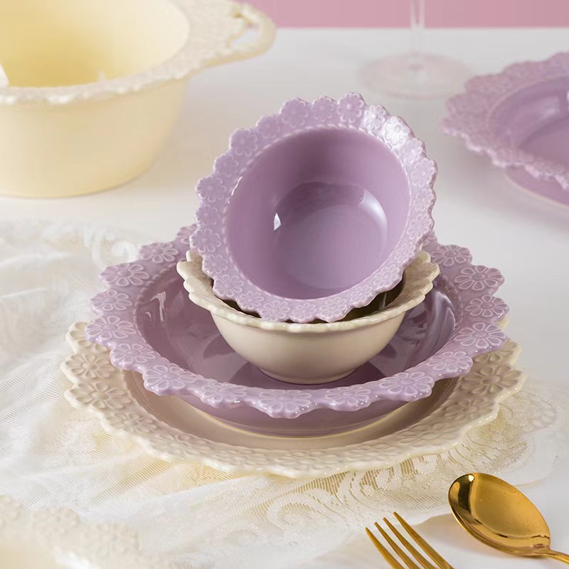 Francés retro ins en relieve cubiertos de cerámica creativos bordes de encaje plato de filete de comida occidental platos caseros platos planos