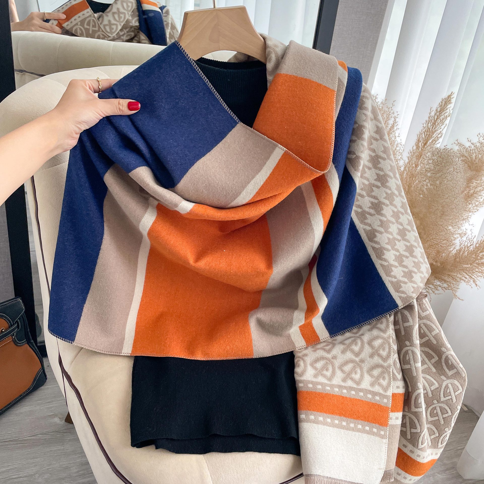 Dames sjaal met hanenpootpatroon van imitatie kasjmier_voghion.com