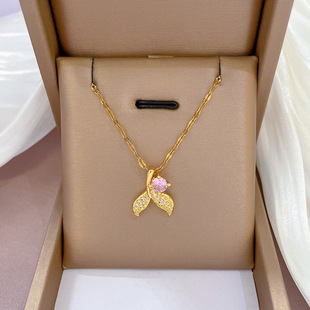 [Titanium Steel] Light Luxury Full Diamond Micro-Paved Zircon Fishtail Pink Diamond Necklace Copper Electroplated Real Gold Pendant Ins Style