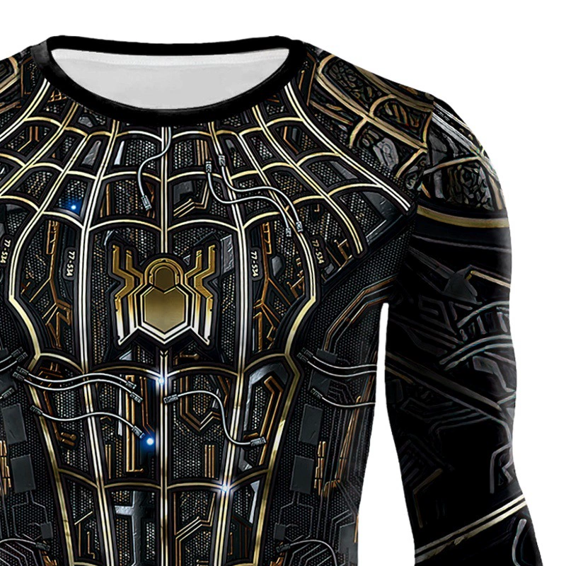 Новинка 2025 года: мужская спортивная футболка-боди с принтом паутины Человека-паука Marvel, черно-золотая, облегающая, с длинным рукавом, быстросохнущая