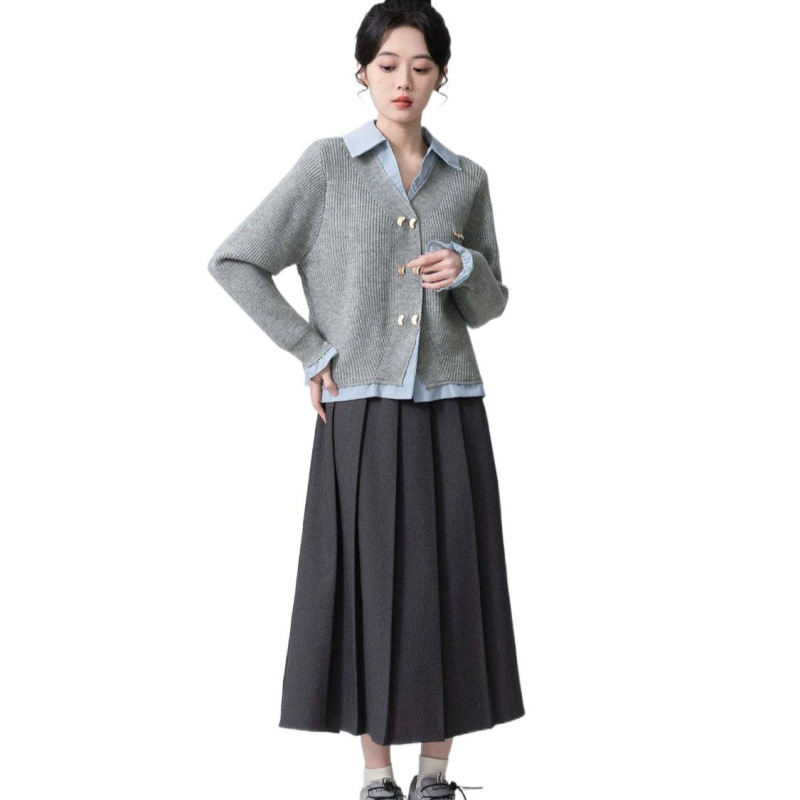 2025新款假两件毛衣外套女春秋新款POLO领衬衫拼接针织开衫短上衣|undefined