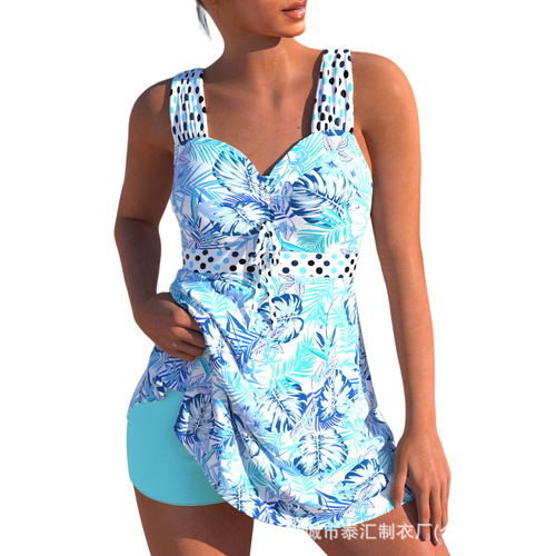 2025 Women's European and American Straight High-Waist Swimsuit with Striped Print Tankini