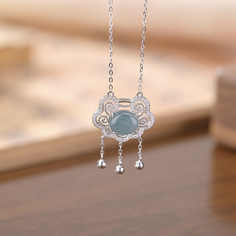 Mặt dây chuyền bạc S925 hình Ruyi rỗng đính đá ngọc lam và zircon tua rua — Bộ xích (bao gồm cả xích)