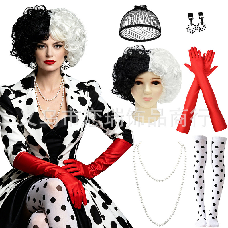 Cruella Black and White Witch Costume Polka Dot Shawl Short Wig Halloween Cosplay Dressing Accessories Wholesale