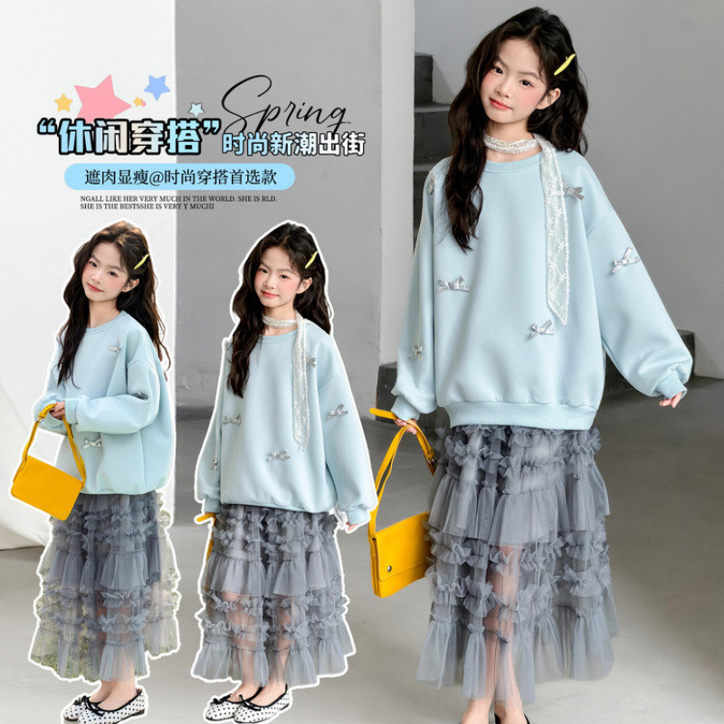 Zhili children's clothing girls' bow-tie sweatshirt set 2026 spring new style for medium and large children Korean style loose top half body