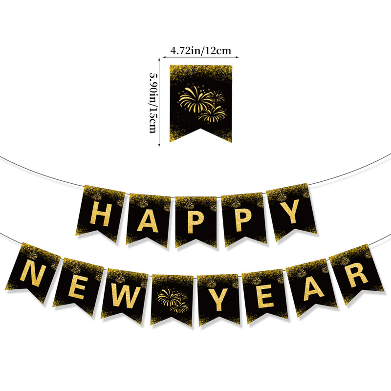 2025跨境黑金新年快乐横幅跨年晚会布置烟花干杯横幅拉花批发定制|undefined