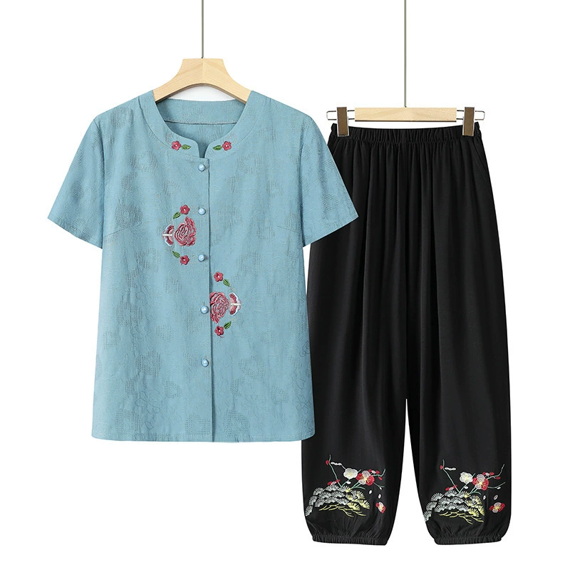 Бабушка летний костюм с короткими рукавами для женщин среднего и пожилого возраста рубашка мама одевается из двух частей вышитый 70-летний 80 пожилой одежды