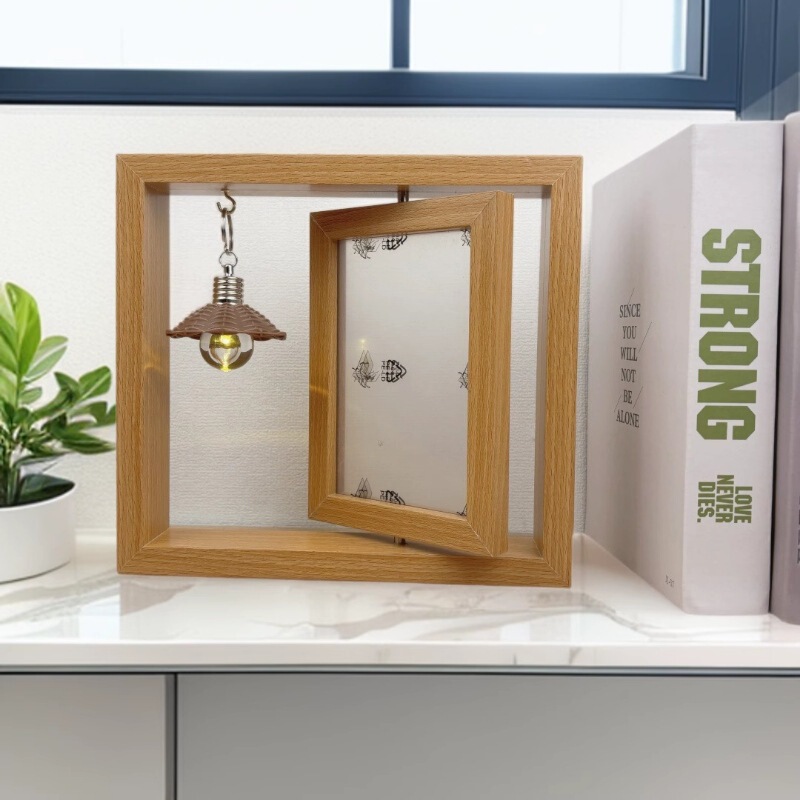 Leaf-Carved Rotating Photo Frame, Wooden Calligraphy and Painting Frame, Double-Sided Transparent Display Frame, Desktop Display Stand, Manufacturer Wholesale, Modern and Simple