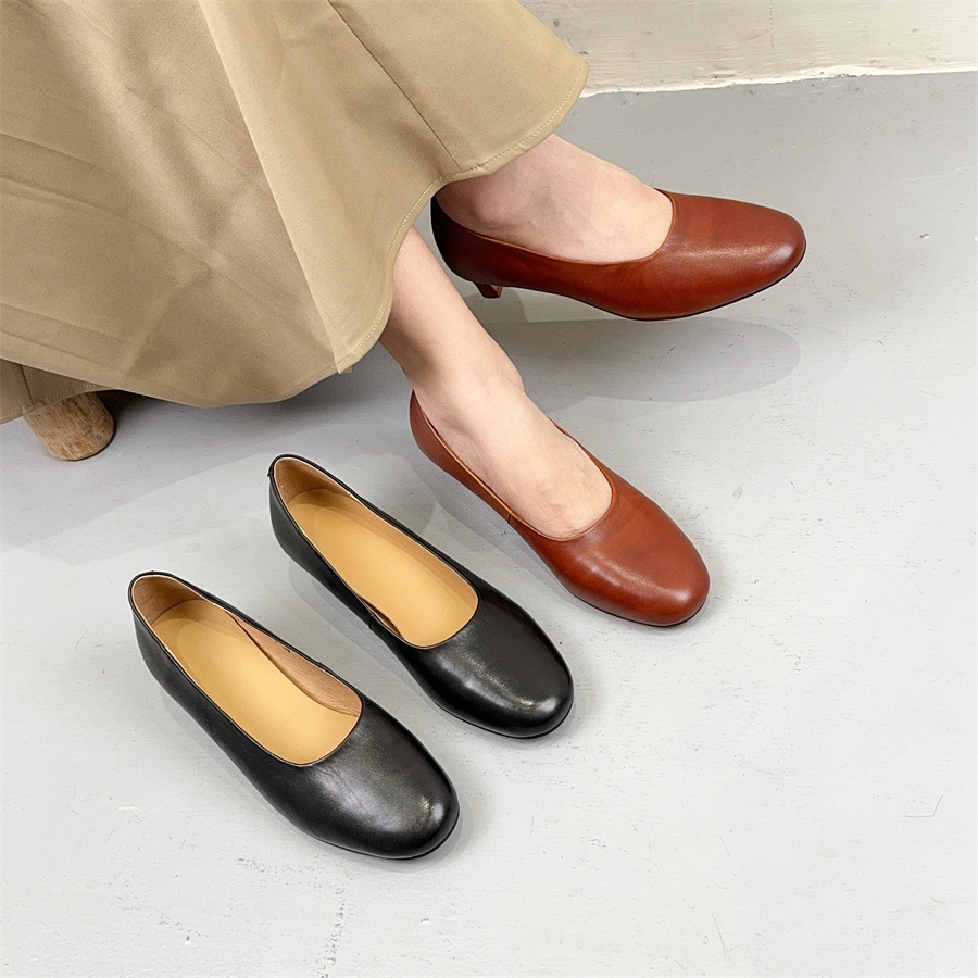 2025新款春季牛皮头层皮细跟高跟鞋工装鞋日常休闲单鞋女鞋