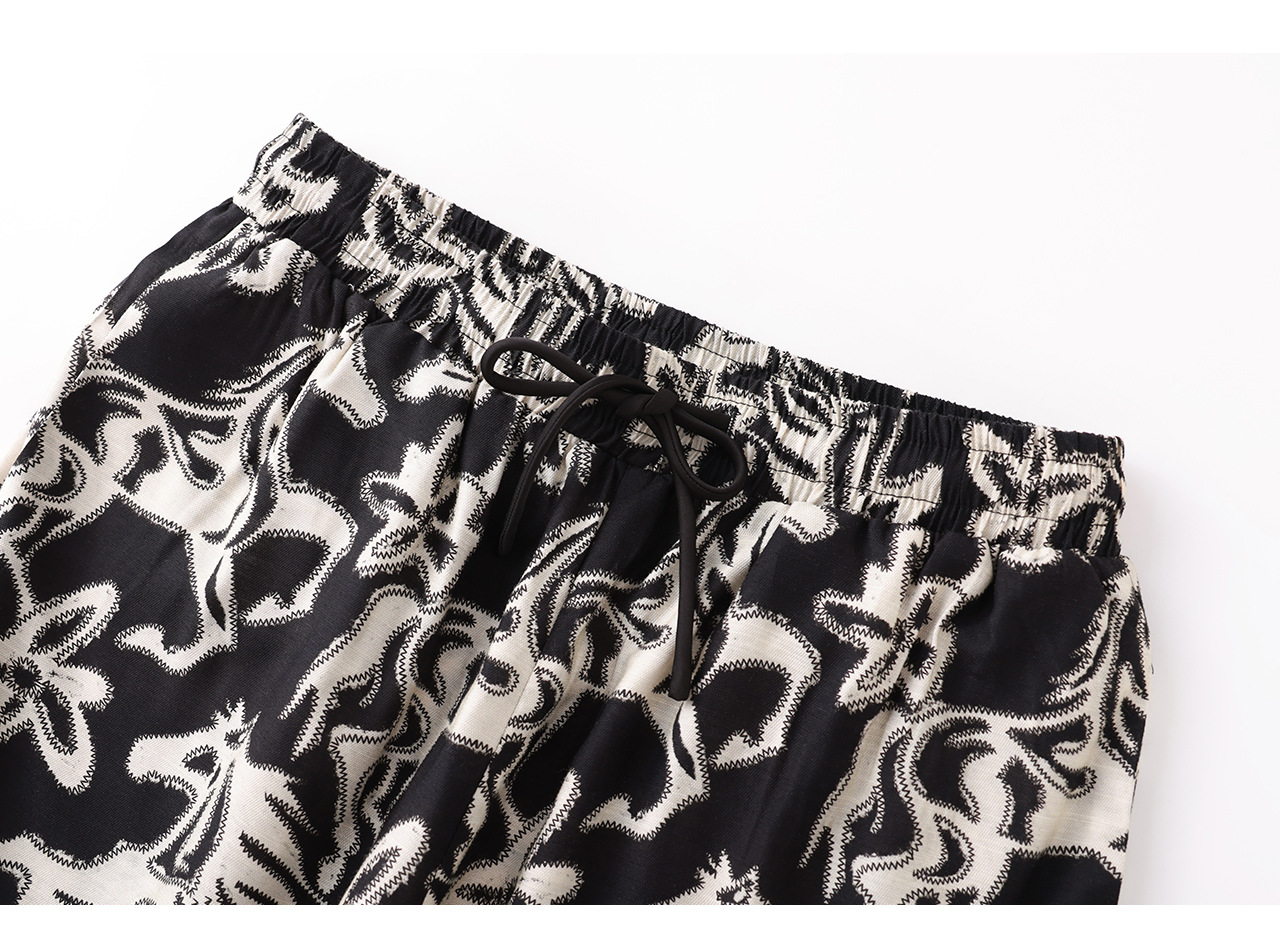 Quần culottes nữ ống rộng in họa tiết vintage, chất liệu cotton pha lanh mềm mại — màu đen chi tiết 17