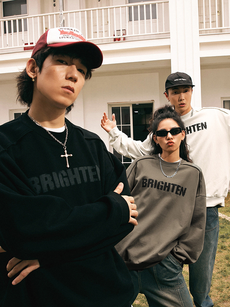 Sudadera estilo americano con estampado de letras rotas, versión primavera, corte holgado, diseño vintage con bordes deshilachados, chaqueta de marca moderna para parejas q