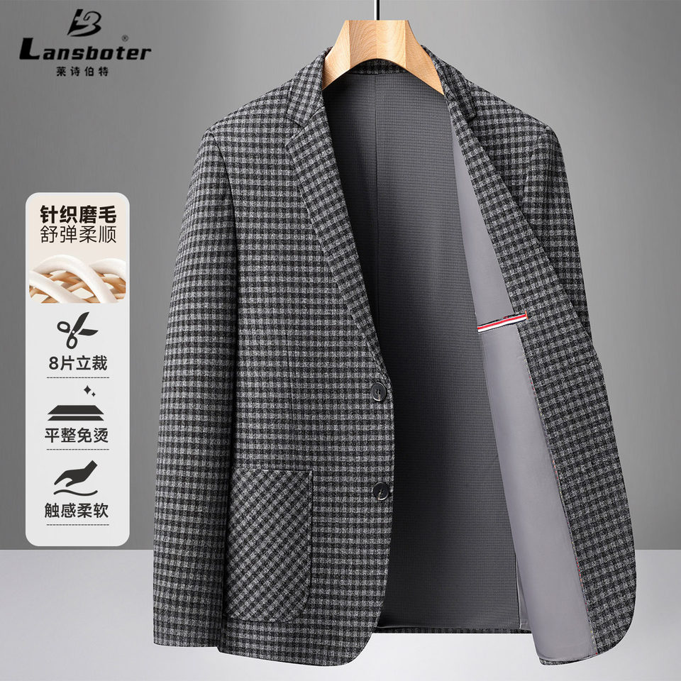 Áo vest nam họa tiết kẻ ô dáng ôm, cổ vest một hàng hai cúc, tay dài, chất liệu co giãn chống nhăn — Bóng, Kẻ sọc xanh xám