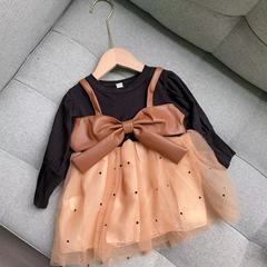 韓國秋冬季女童連衣裙加厚新款時尚蝴蝶結紗裙小女孩蓬蓬公主裙子