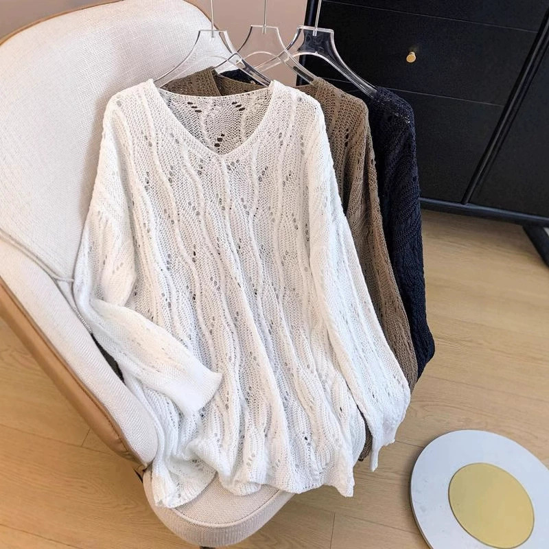 Spring and Summer Loose Lazy Hollow Long-sleeved Knit Top Women's plus size chubby girl High-end Sunscreen Sweater Blouse Spring and Summer Loose Lazy Hollow Long-sleeved Knit Top Women's plus size chubby girl High-end Sunscreen Sweater Blouse