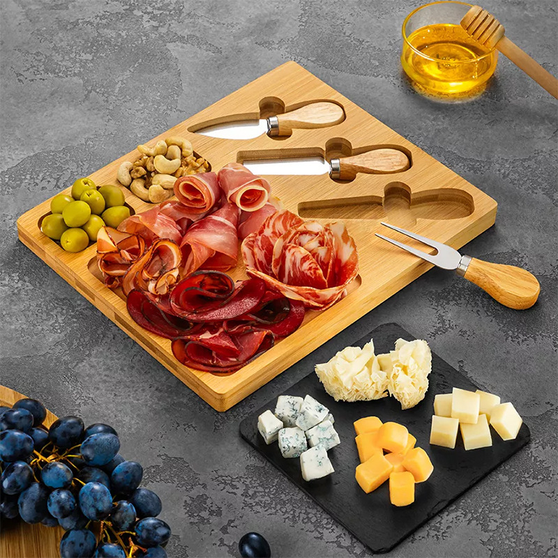 Tablero de cortar de bambú Tablero de corte de pizarra multifuncional con cuchillo y tenedor Traje de queso Tablero de postre Snack Bandeja de bambú de jamón