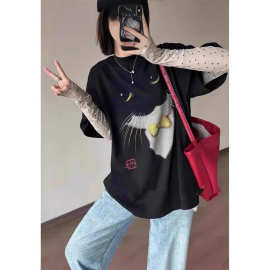 2025春季新款假两件波点拼接长袖T恤女休闲百搭设计感猫咪上衣潮