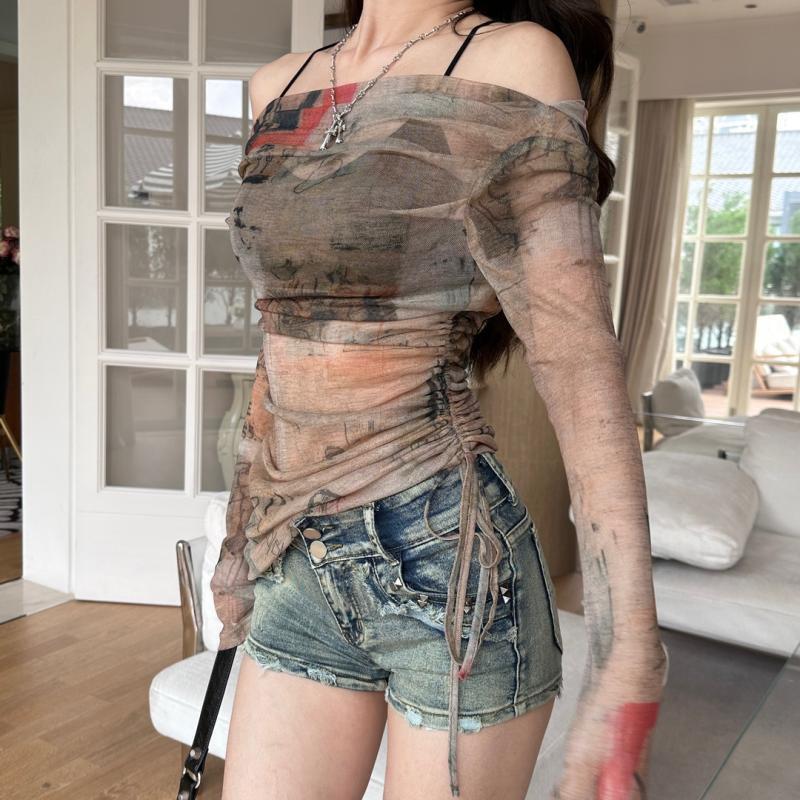 Hot girl style graffiti off-shoulder mesh women's slim fit versatile slimming transparent irregular drawstring retro long-sleeved top