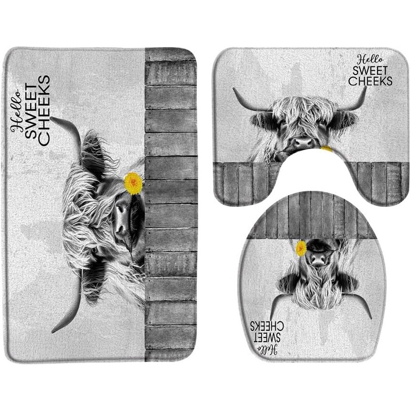 Country farmhouse wood board grain highland cattle bathroom carpet 3 piece set, rustic toilet seat mat U-shaped foot mat bath mat Country farmhouse wood board grain highland cattle bathroom carpet 3 piece set, rustic toilet seat mat U-shaped foot mat bath mat