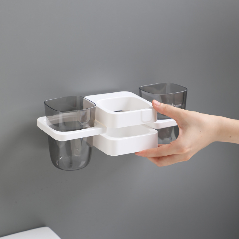 Porta spazzolino e dentifricio minimalista e creativo per il bagno, senza foratura, pieghevole, con ventosa e supporto per bicchiere per collutorio._voghion.com