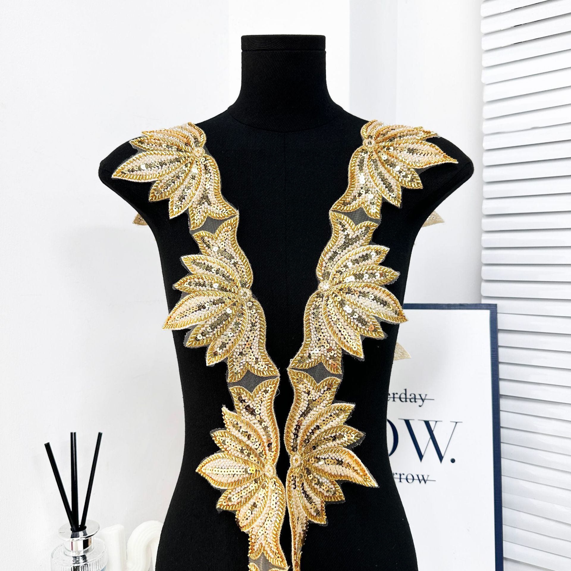 Mesh cuentas sequinilla bordado parche hojas de oro fondo de malla falda hogar ropa bolsa decoración DIY