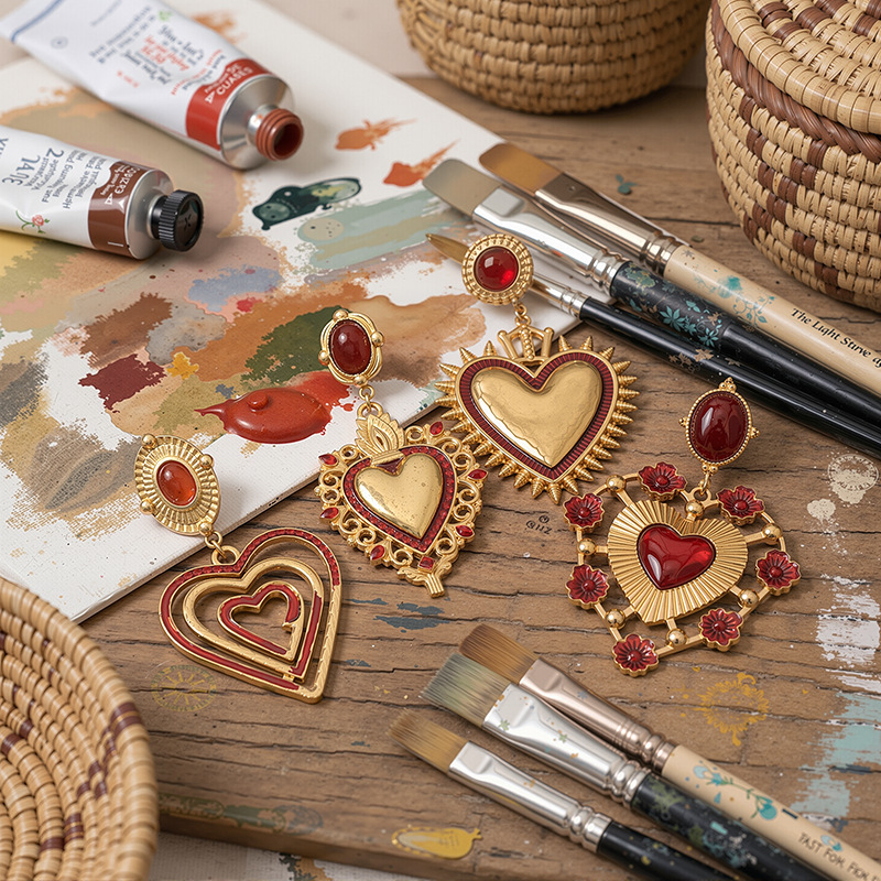 TENA estilo francés vintage aretes de amor incrustados con gemas de palacio medieval aretes de corazón al por mayor