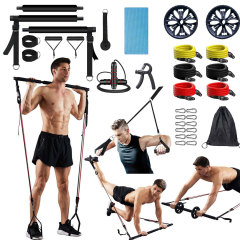Multifunctional Three-Section Pilates Bar Strength Training Yoga Fitness Bar Home Ab Roller Pull-Up Rope Fitness Set