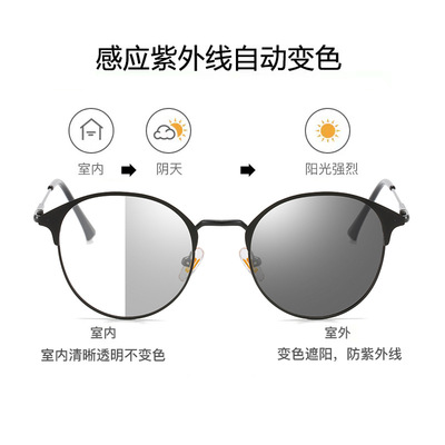 新款素颜风圆框眼镜框架金属全框眉毛架简约变色眼镜防蓝光眼镜女