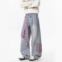 美式复古设计感蝴蝶结绑带拼接牛仔裤子春秋新款男女显瘦拖地裤