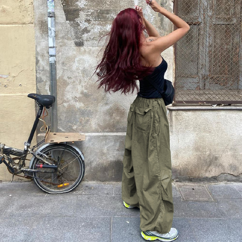 Vår/sommar 2024 Nya heta tjej-arbetskläder med resårband och dragsko, trendiga låg midjade vida ben, vardagsbyxor_voghion.com