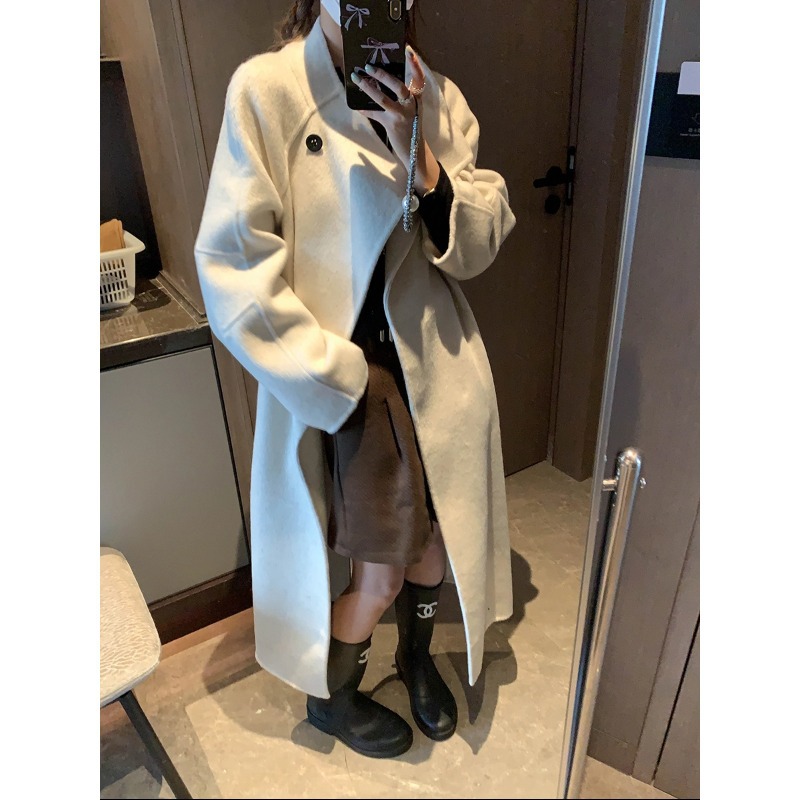Mochi Lazy Collector Stand Collar Oversized Raglan Sleeve Double-Sided Wool Coat Long Style Mq0916