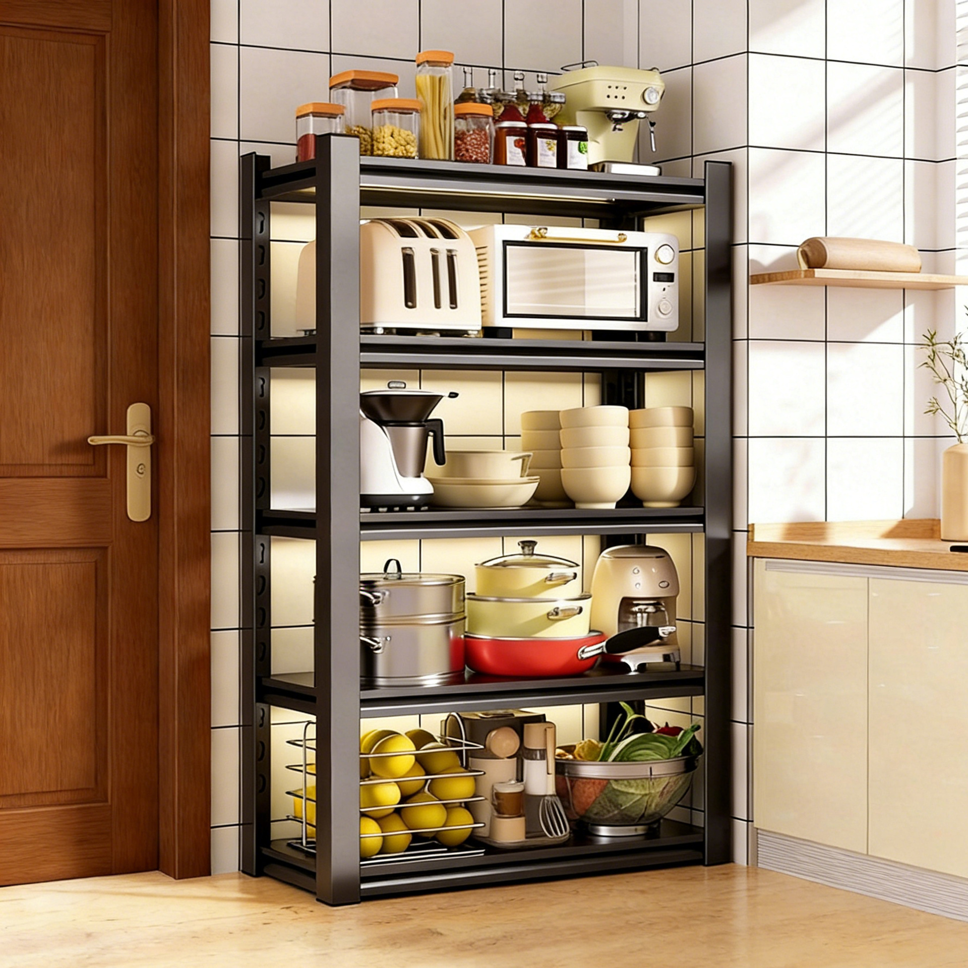 Estante de almacenamiento de cocina multicapa de suelo arroz eléctrico horno de microondas estante de almacenamiento de hierro de acero doméstico multifuncional image 1