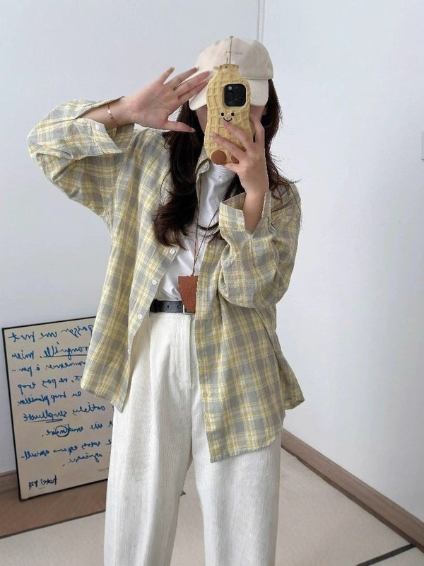 格子长袖衬衫女士夏季2025新中长薄款韩系宽松外套穿白搭开衫上衣|undefined