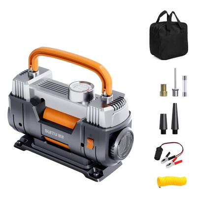Car Air Pump Car Portable 12V Double-Cylinder High-Pressure Tire Air Pump High-Power Air Pump Air Pump (Hava nasosu) - black-orange-pointer-double-cylinder-air-pump