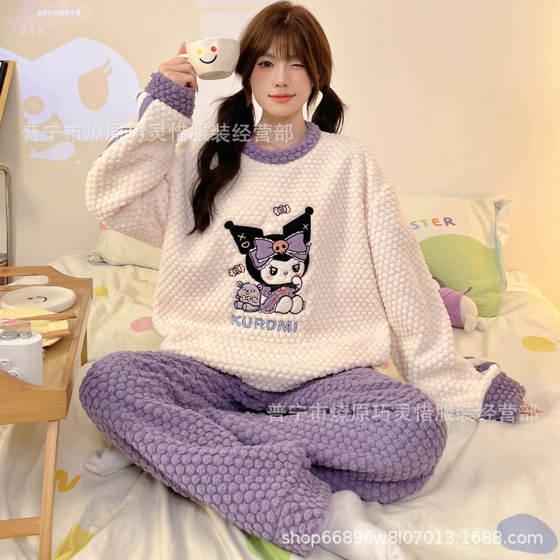 Franela otoño y invierno nueva linda niña caliente y gruesa dulce kitty gato suelto conjunto de pijamas se puede usar fuera