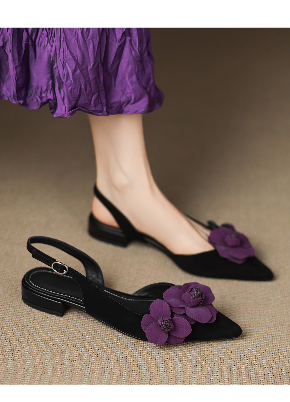 Sandal nữ da cừu mũi tròn quai chữ V đế bệt phong cách Hàn Quốc — đen chi tiết 10