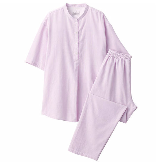 Wuyin Spring and Summer 60 Cotton Double-layer Yarn Pajamas Women's Half Sleeve Trousers Without Side Seam Home Wear Thin