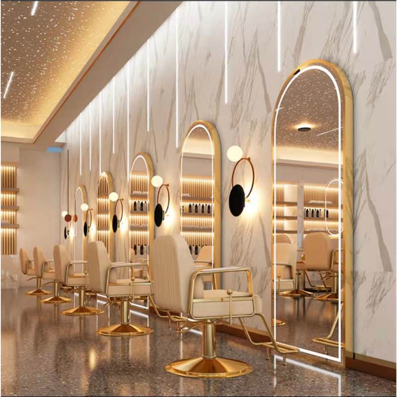Barbería en línea tabla de espejo salón especial tipo pared simple barbería espejo de piso LED tabla de espejo de escaldado control táctil