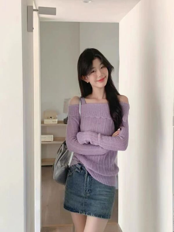 超好看紫色一字肩毛衣纯欲风设计感吊带针织衫上衣女春季2025新款|undefined