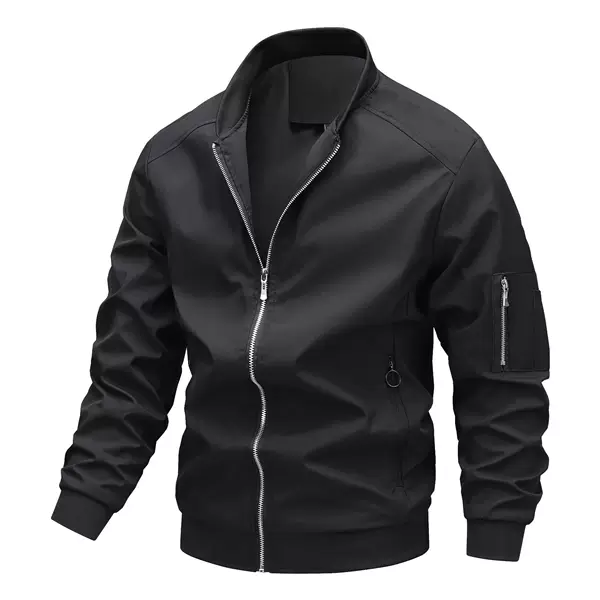 Men's Bomber Collar Jacket, Zipper Arm Pocket & Side Seam Zipper Pockets, Minimalist Workwear Style, Loose‑Fit Spring‑Autumn Top for Commuting, Travel & Daily Casual Wear