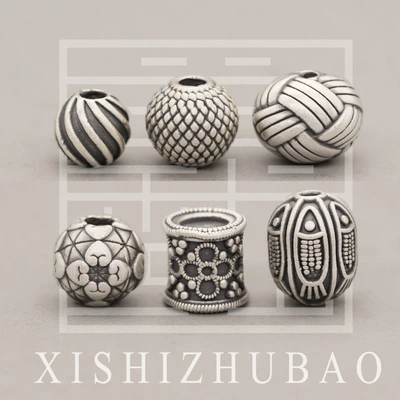 S999 foot silver beads 3D hard silver woven oval beads striped beads loose beads DIY handmade beaded accessories