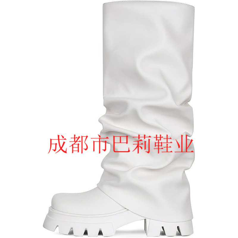 女式折叠靴休闲靴宽小腿褶皱防水台靴红色中高靴子厚实叠层靴大码|undefined