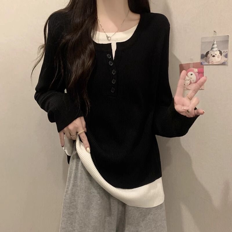 软糯遮肚子假两件毛衣针织衫女秋季新款胖妹妹宽松显瘦长袖打底衫|undefined
