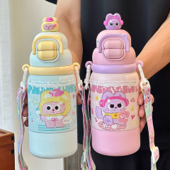 見た目もかわいくて大容量の女の子用子供用魔法瓶カップ、男の子と女の子用のポータブルストローストラップウォーターカップ2025新しいスタイル