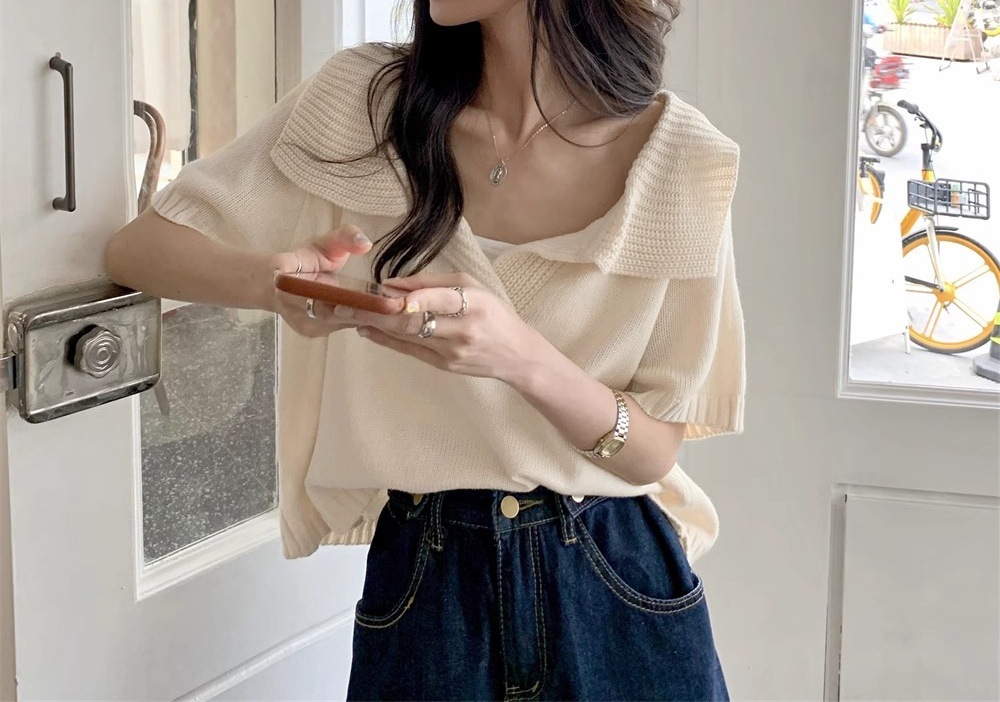 Design di nicchia unico e unico, sottile maglia in seta ghiacciata, top estivo da donna a maniche corte con scollo a V e piccola fragranza,_voghion.com